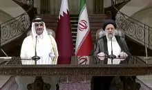 المؤتمر الصحفي بين أمير قطر (يسار) والرئيس الإيراني (الجزيرة).webp