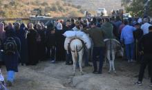 مزارعون يحاولون عبور بوابة حديدية نصبتها قوات الاحتلال الإسرائيلي لمنع وصولهم إلى بساتين الزيتون في قرية سالم، شرق نابلس، 17 أكتوبر/تشرين الأول 2026. (تصوير: محمد ناصر)