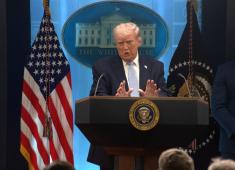 واشنطن 8 أبريل 2026 (شينخوا) الرئيس الأمريكي دونالد ترامب يتحدث خلال مؤتمر صحفي في البيت الأبيض في واشنطن العاصمة، الولايات المتحدة، يوم 6 أبريل 2026. ..JPG