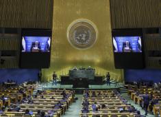 الرئيس الفلسطيني محمود عباس يلقي كلمة عبر الفيديو في الجمعية العامة للأمم المتحدة بنيويورك في سبتمبر الماضي (إ.ب.أ).jpeg