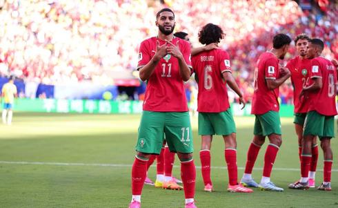 اللاعب المغربي صيباري يحتفل بهدفه في مرمى البرازيل (Gettyimages).jpg