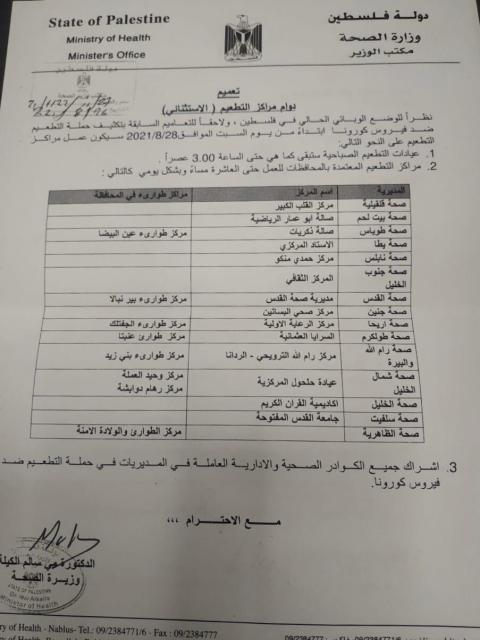 الكيلة : فتح مراكز التطعيم المعتمدة يومياً حتى العاشرة ليلاً في كافة المحافظات ابتداءً من السبت
