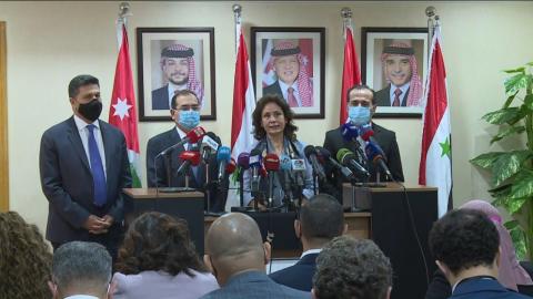 مؤتمر صحفي لوزيرة الطاقة الأردنية هالة زواتي مع نظرائها من مصر وسوريا ولبنان