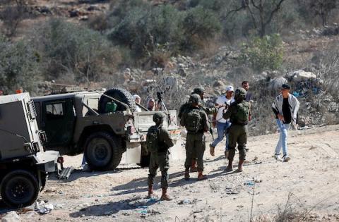 فلسطينيون ومتطوعون أجانب يساعدون المزارعون في قطف الزيتون في قرية بيتا بمدينة نابلس