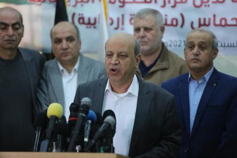 الفصائل الفلسطينية خلال مؤتمر صحفي بمدينة غزة حول قرار وزيرة الداخلية البريطانية حظر حركة حماس 