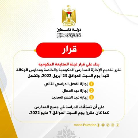 تعليم غزة تقرر  تقديم موعد إجازة نصف الفصل الثاني لكافة المدارس