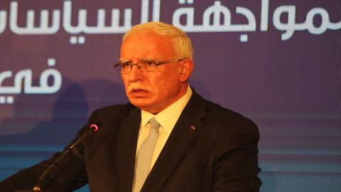 وزير الخارجية والمغتربين الفلسطيني رياض المالكي خلال مؤتمر صحفي بعد اجتماع اللجنة الوزارية العربية في عمّان. (المملكة/صلاح ملكاوي )