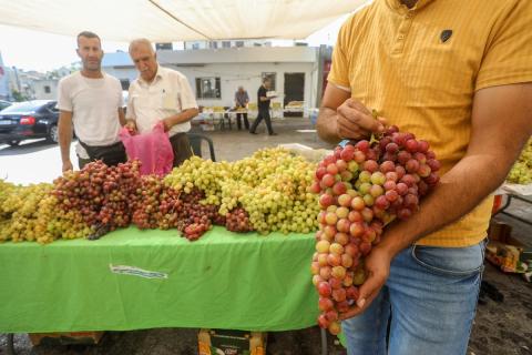 بائعون فلسطينيون يبيعون العنب في سوق للعنب في مدينة رام الله بالضفة الغربية