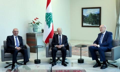 عون وبري وميقاتي، في القصر الرئاسي، الإثنين (الرئاسة اللبنانية).jpg
