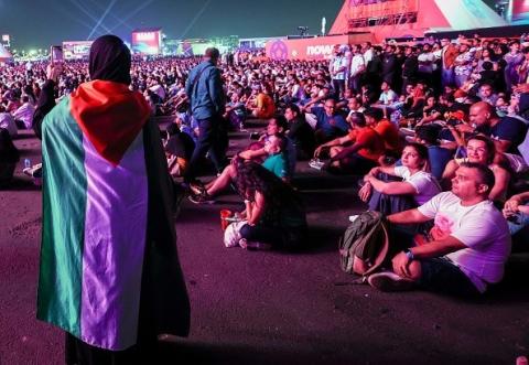 مشجعة تتلحف علم فلسطين خلال بث حي للقاء فرنسا والدنمارك في مونديال قطر 2022 في الدوحة في 26 تشرين الثاني/نوفمبر 2022 afp
