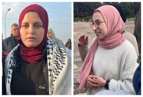 الأسيرتان ياسمين جابر من القدس ودينا جرادات من جنين لحظة الإفراج عنهما من معتقلات الاحتلال اليوم الجمعة.jpg