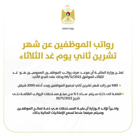 المالية الفلسطينية : رواتب الموظفين عن شهر 11 غدا الثلاثاء