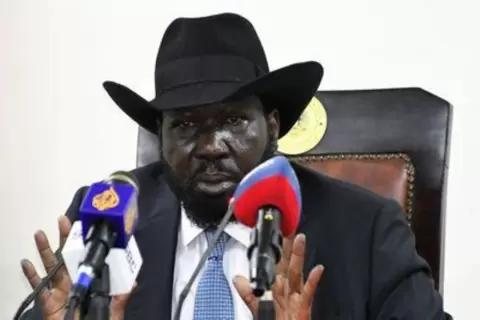 رئيس جنوب السودان سلفا كير خلال مؤتمر صحفي في جوبا يوم 28 مارس آذار 2022. تصوير: جوك سولومون - رويترز