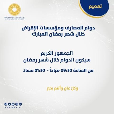 دوام المصارف ومؤسسات الإقراض خلال شهر رمضان المبارك.jpg