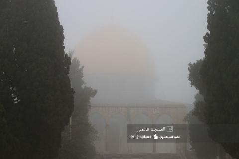 الضباب يخيم على المسجد الأقصى المبارك بالتزامن مع هطول الأمطار، صباح اليوم. تصوير - محمد السنجلاوي.jpg