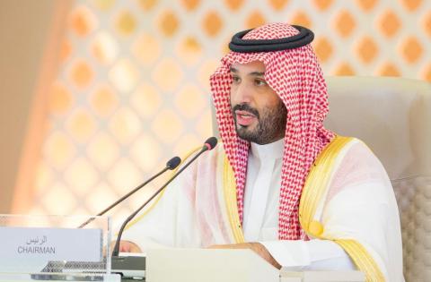 جدة 20 مايو 2023 (شينخوا) في الصورة الملتقطة يوم 19 مايو 2023، ولي العهد السعودي ورئيس الوزراء محمد بن سلمان آل سعود يتحدث خلال قمة جامعة الدول العربية الـ32 في جدة بالسعودية.jpg