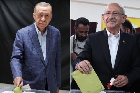 أردوغان (يسار) أدلى بصوته في إسطنبول وكليجدار أوغلو أدلى بصوته في أنقرة (رويترز).jpg