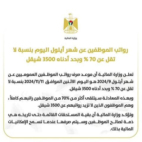 وزارة المالية تعلن صرف رواتب الموظفين اليوم بنسبة 70% كحد أدنى