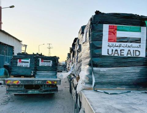 مساعدات إماراتية على شاحنات فلسطينية داخل غزة