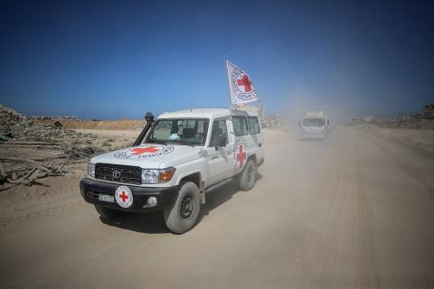 منظمة الصليب الأحمر تتابع نقل جثث فلسطينيين كانوا محتجزين لدى إسرائيل في خان يونس 16 أكتوبر2025. تصوير: عمر اشتوي