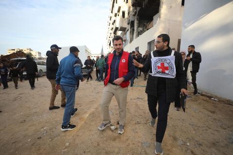 اللجنة الدولية للصليب الأحمر تنقل 15 جثة لفلسطينيين، كان يحتجزها الجيش الإسرائيلي، إلى مجمع الشفاء الطبي في مدينة غزة، 29 يناير/كانون الثاني 2026. تصوير: عمر أشتوي