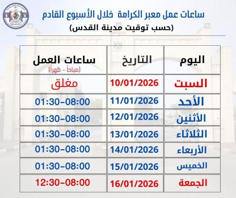 ساعات عمل معبر الكرامة خلال الأسبوع القادم..jpg