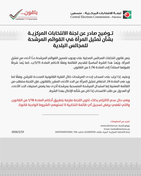 توضيح صادر عن لجنة الانتخابات المركزية بشأن تمثيل المرأة في القوائم المرشحة للمجالس البلدية.png