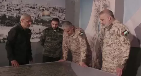 من اليمين.. القائد الحالي لـ«كتائب القسام» محمدعودة... وإلى جواره 3 قيادات من الكتائب اغتالتهم إسرائيل في هجمات منفصلة هم.. رافع سلامة وأبو عبيدة ومحمد الضيف (صورة نشرها الجيش الإسرائيلي).webp
