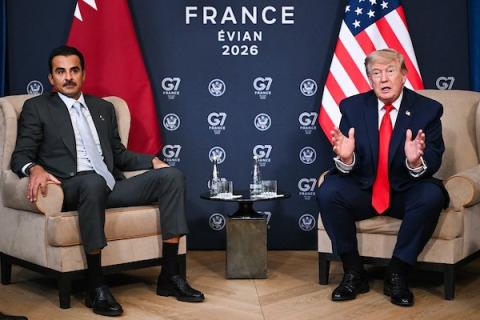 لقاء أمير قطر، تميم بن حمد آل ثاني، بالرئيس الأمريكي دونالد ترامب على هامش قمة مجموعة السبع في إيفيان، فرنسا، 16 يونيو/حزيران 2026.(مكتب الديوان الأميري)