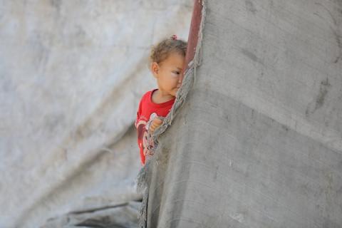عائلات فلسطينية نازحة تعيش داخل خيام مهترئة بين أنقاض المباني في منطقة الزرقاء، شرقي مدينة غزة، وسط نقص المياه والغذاء والخدمات الأساسية، 11 يوليو/تموز 2026. (تصوير: بلال أسامة)