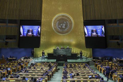 الرئيس الفلسطيني محمود عباس يلقي كلمة عبر الفيديو في الجمعية العامة للأمم المتحدة بنيويورك في سبتمبر الماضي (إ.ب.أ).jpeg
