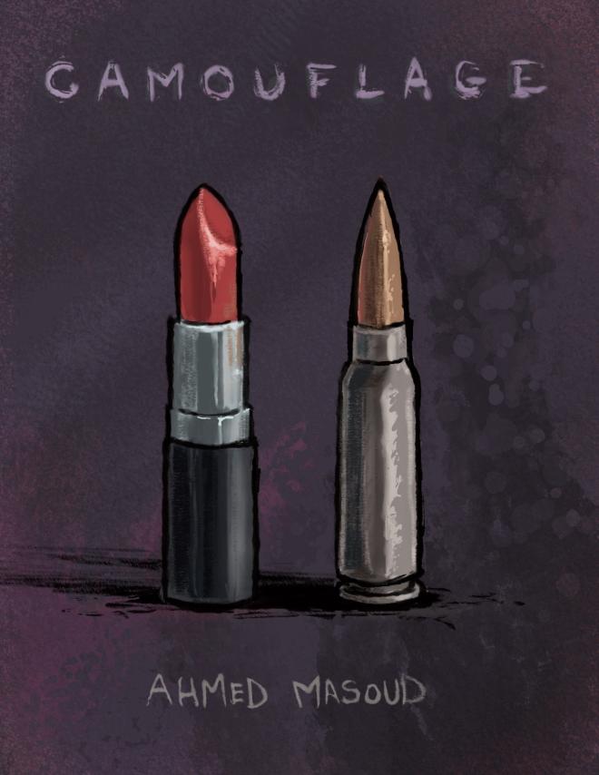 الرسم التعريفي لمسرحية «Camouflage» لأحمد مسعود — من موقع Golden Thread؛ رسوم العروض: شمس الدين نيلسون