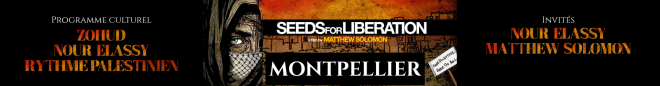 ملصق أمسية «Seeds for Liberation» في مونبلييه — المصدر: كالي برودكشنز / HelloAsso