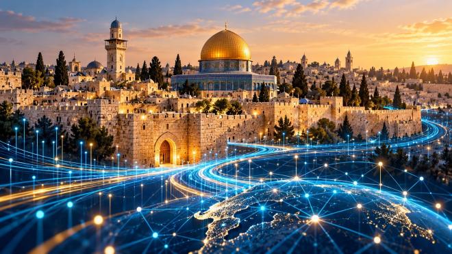صورة تعبيرية تجمع القدس والحضور الرقمي الفلسطيني.