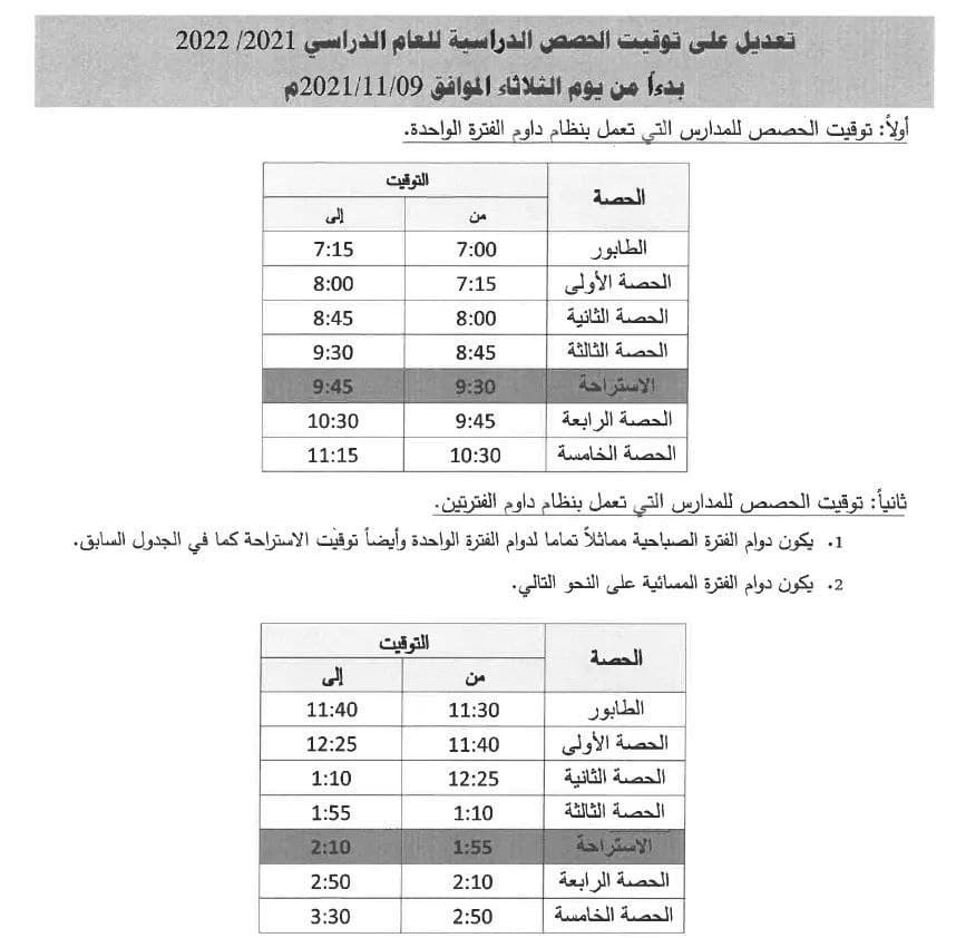 توقيت الدوام المدرسي للفترتين الصباحية والمسائية في قطاع غزة