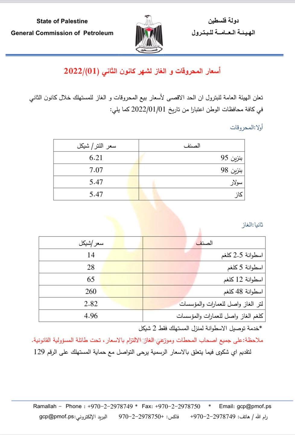 اسعار المحروقات والغاز الرسمية لشهر (1)