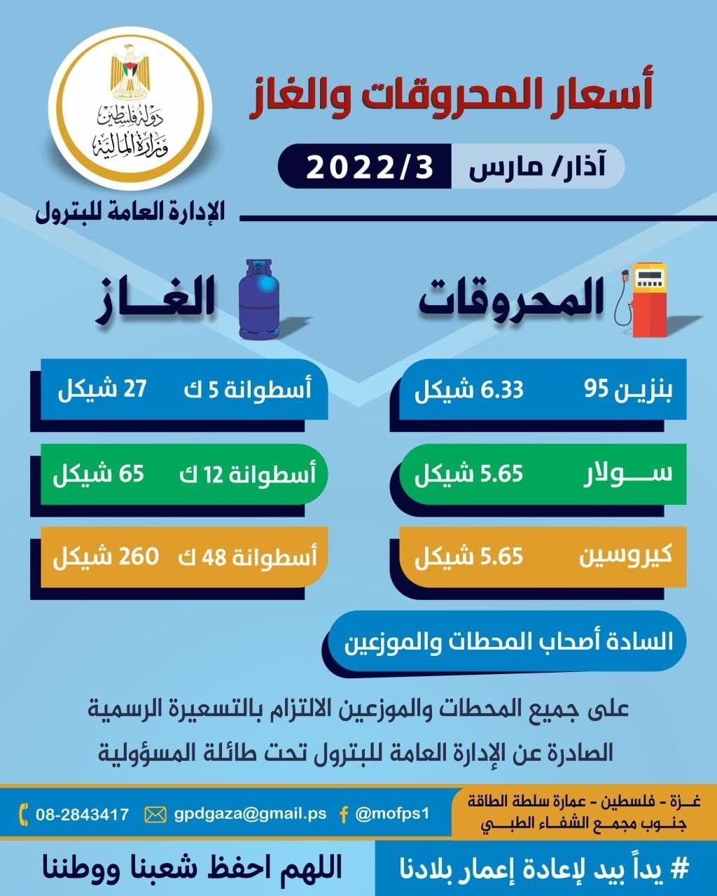 أسعار المحروقات والغاز لشهر مارس في قطاع غزة.jpg