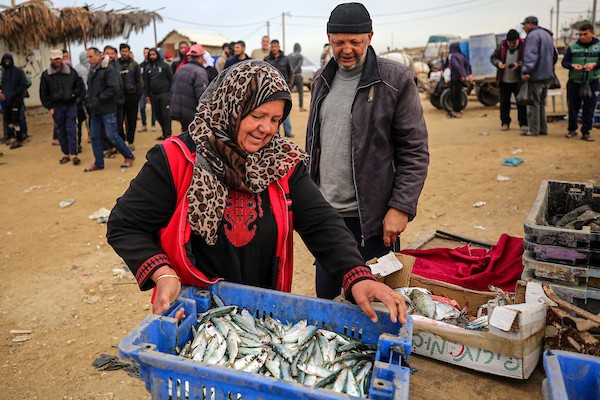 المسنة الفلسطينية أم جميل الأقرع من دير البلح وسط قطاع غزة تشتري الأسماك من الحسبة لتبيعها في السوق، لتعيل أسرتهامع احتفال العالم بيوم المرأة العالمي.