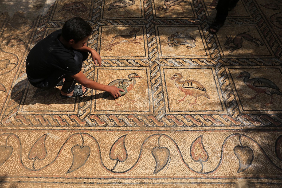 فلسطينيون ينظفون حول أرضية فسيسفاء من العهد البيزنطي اكتشفها مزارع فلسطيني في أرضه في مدينة البريج وسط قطاع غزة 3.jpg