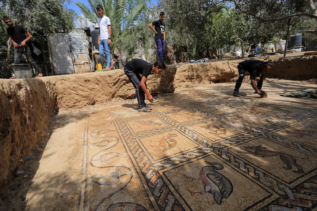 فلسطينيون ينظفون حول أرضية فسيسفاء من العهد البيزنطي اكتشفها مزارع فلسطيني في أرضه في مدينة البريج وسط قطاع غزة 28.jpg
