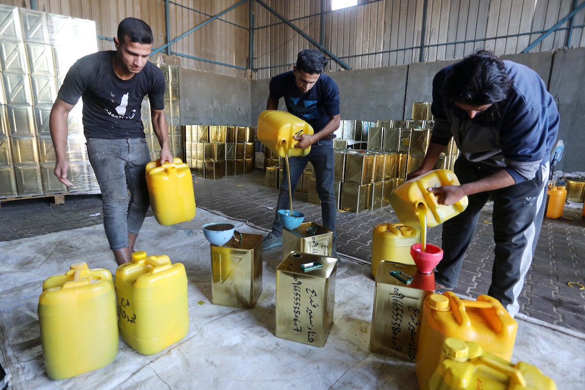 عمال فلسطينيون يجهزون صفائح زيت الزيتون لتصديرها لدول الخليج في مدينة خان يونس جنوب قطاع غزة 5.jpg