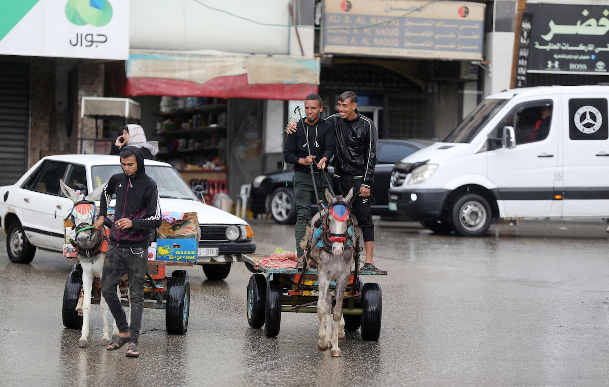 فلسطينيون يسيرون في شارع غمرته مياه الأمطار في دير البلح وسط قطاع غزة 2.jpg