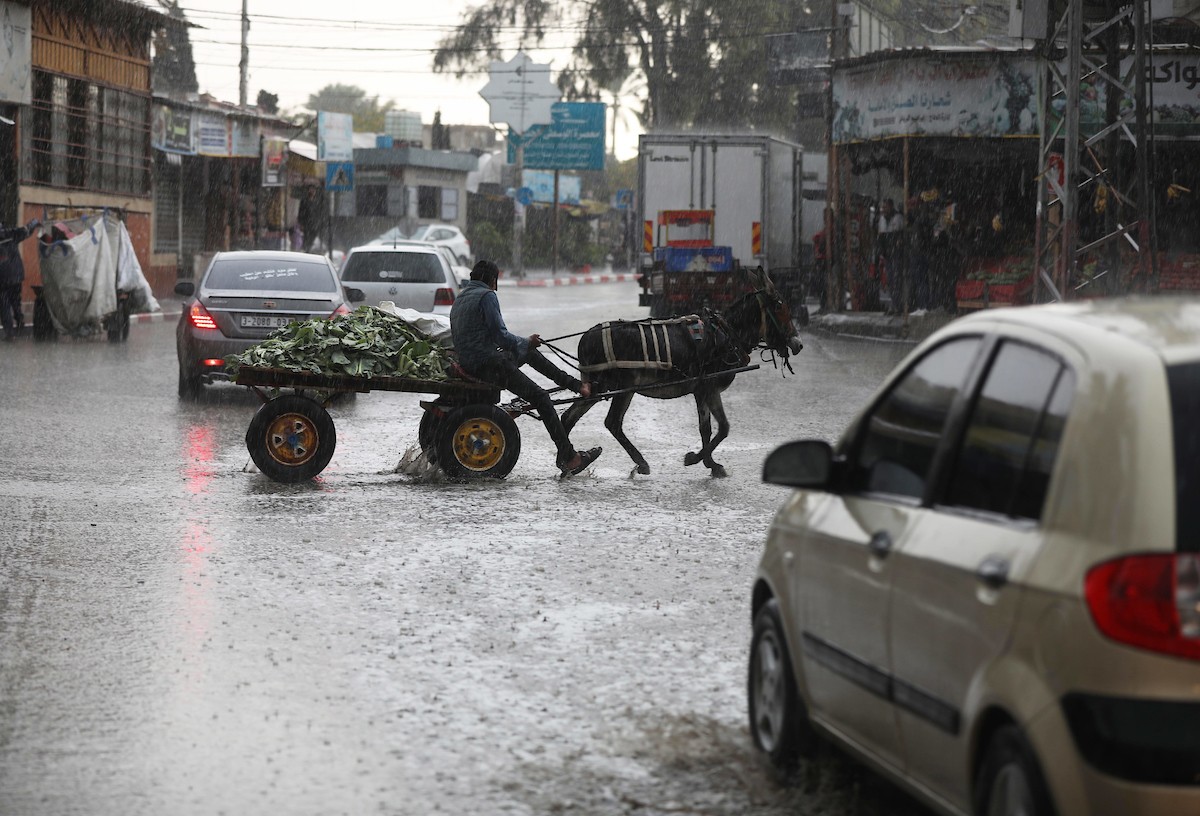 فلسطينيون يسيرون في شارع غمرته مياه الأمطار في دير البلح وسط قطاع غزة 7.jpg
