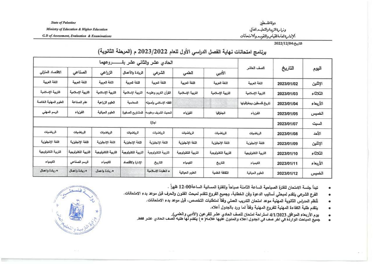 وزارة التعليم في غزة تنشر جدول امتحانات نهاية الفصل الدراسي الأول للعام 2022-2023 3.jpg