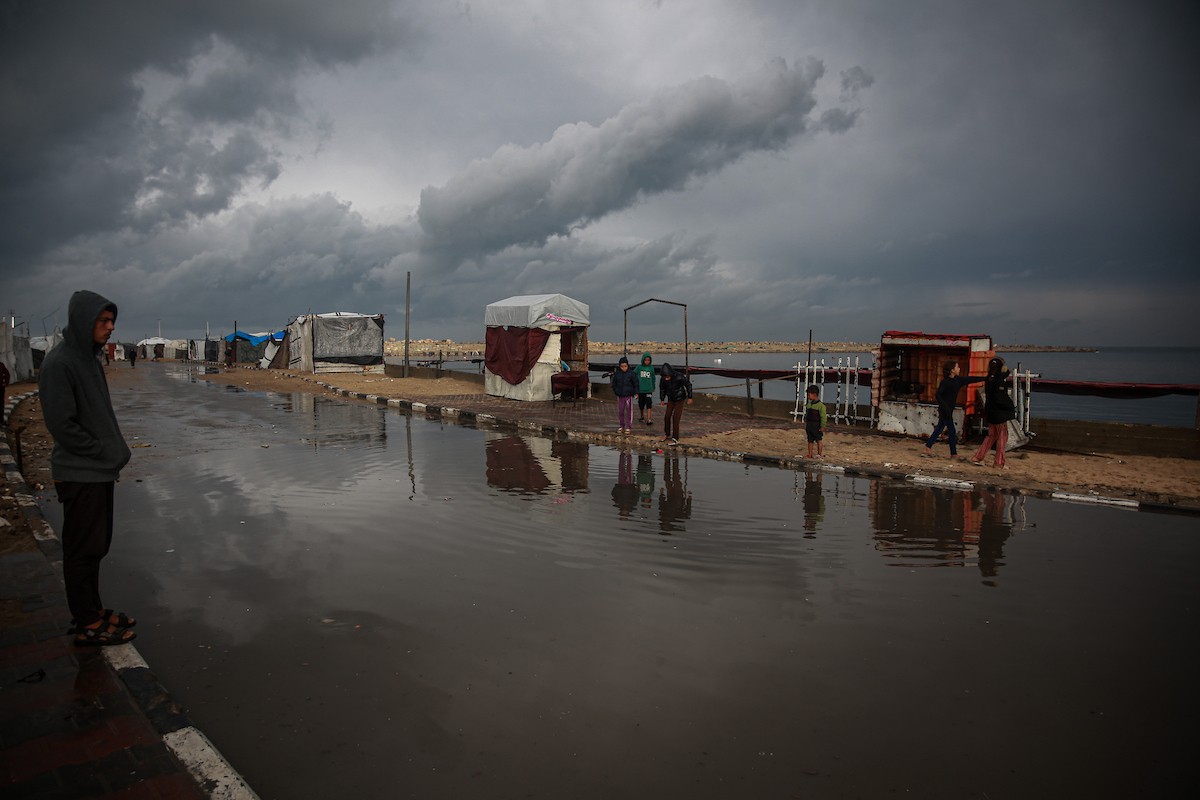منظر لخيام النازحين في ميناء غزة بعد أن غمرتها مياه الأمطار، مخلفةً بركًا من الماء والطين في أنحاء مدينة غزة، 14 نوفمبر/تشرين الثاني 2025