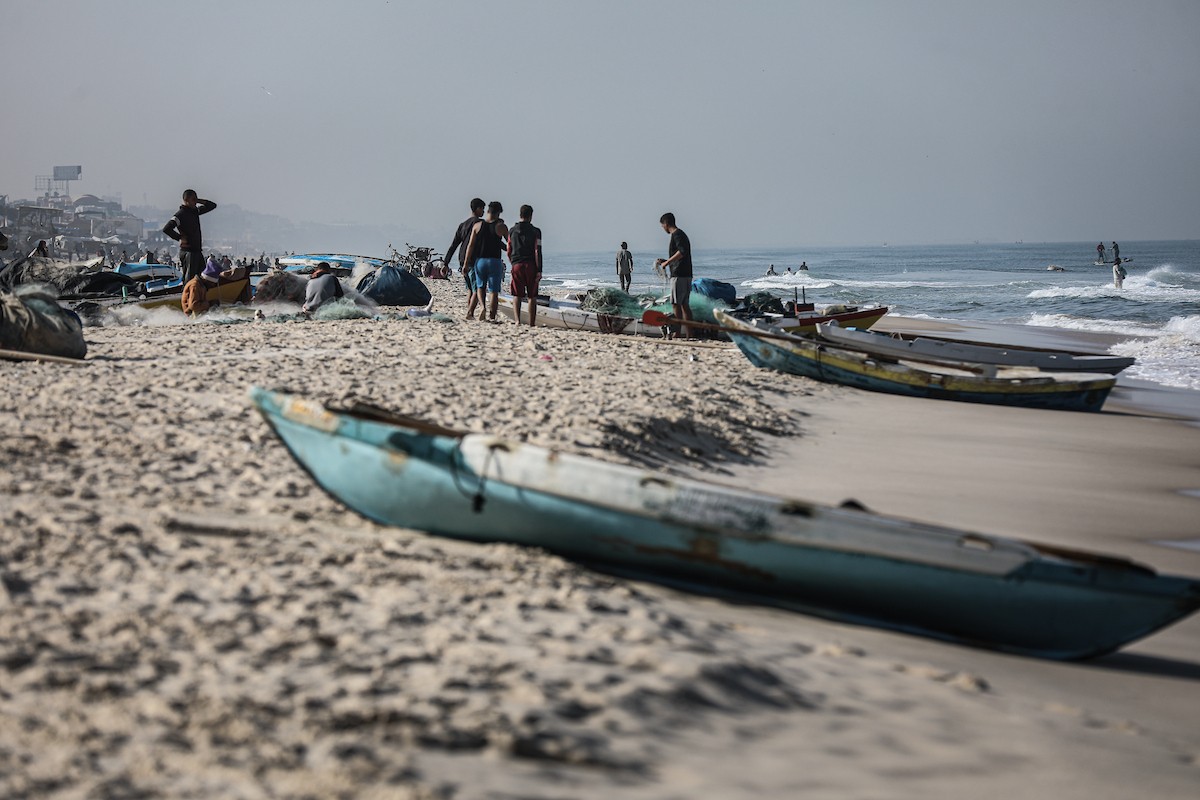 صيادون فلسطينيون نازحون يجمعون صيدهم من الشباك التي جلبوها إلى الشاطئ في دير البلح، في وسط قطا (9).jpg