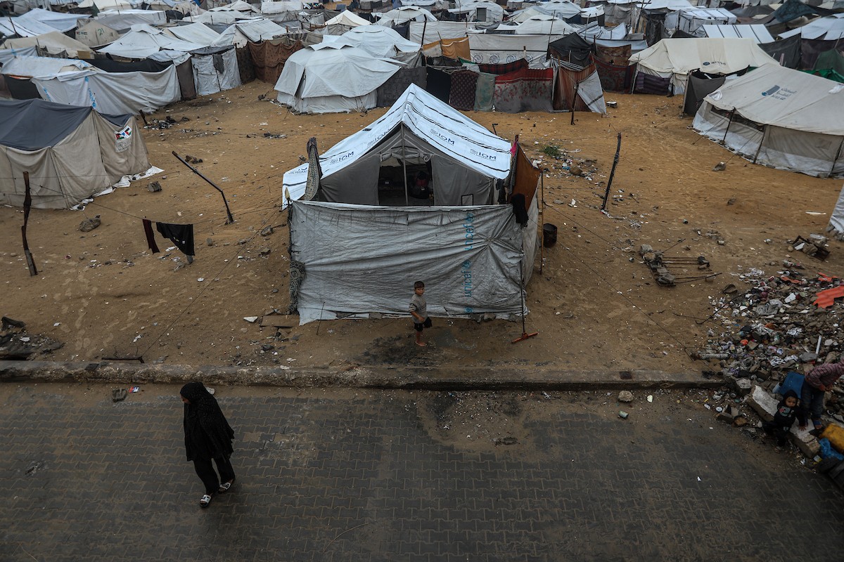 منظر لخيام النازحين في ميناء غزة بعد أن غمرتها مياه الأمطار، مخلفةً بركًا من الماء والطين في أنحاء مدينة غزة، 14 نوفمبر/تشرين الثاني 2025
