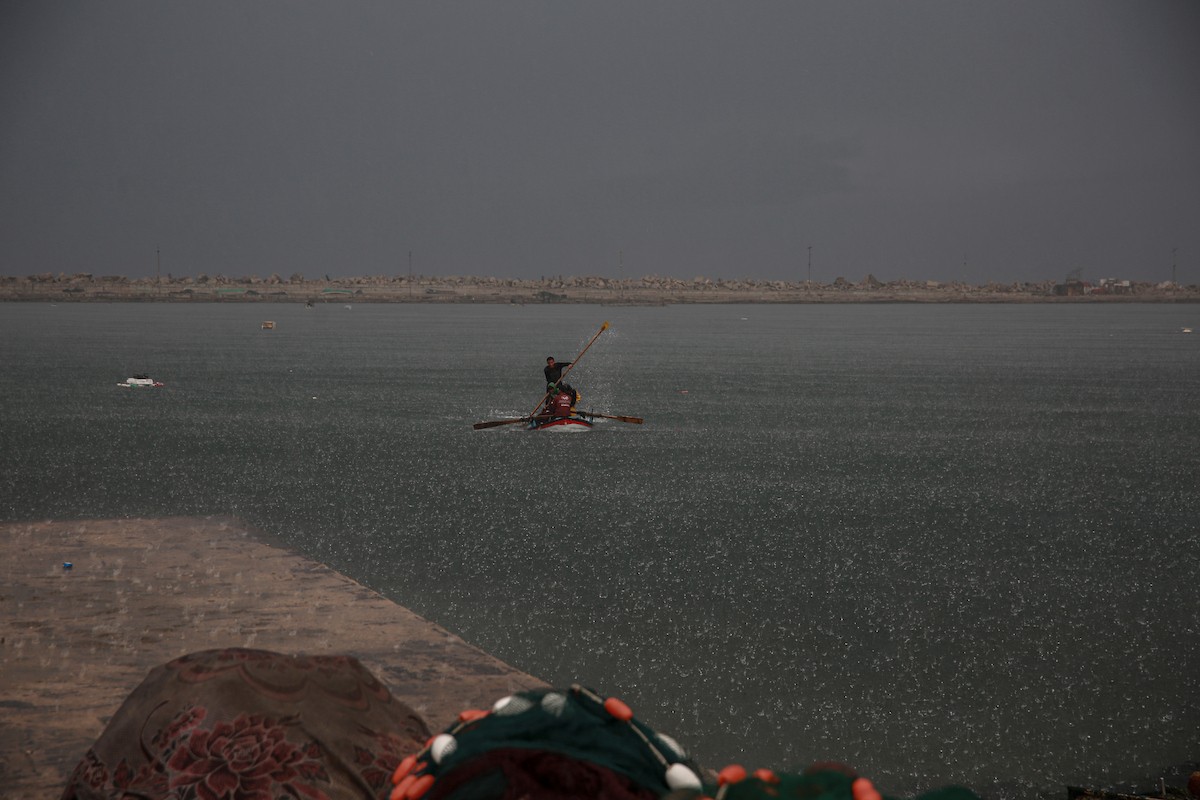 يحاول الصيادون الفلسطينيون في ميناء غزة كسب رزقهم من خلال رمي شباكهم، رغم الأضرار التي لحقت بمعداتهم جراء الهجمات على مدينة غزة