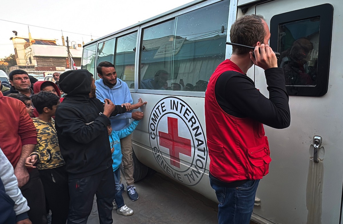 نقل أسرى فلسطينيين أفرج عنهم الجيش الإسرائيلي بواسطة سيارات تابعة للصليب الأحمر إلى مستشفى شهداء الأقصى لإجراء فحوصات طبية في دير البلح، وسط قطاع غزة، في 21 ديسمبر/كانون الأول 2025. (صورة: أحمد إبراهيم/ apa)
