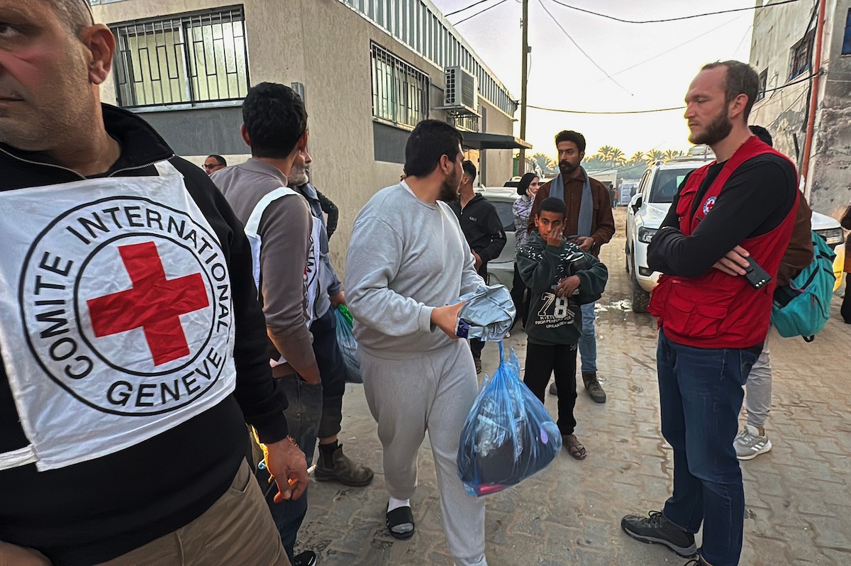 نقل أسرى فلسطينيين أفرج عنهم الجيش الإسرائيلي بواسطة سيارات تابعة للصليب الأحمر إلى مستشفى شهداء الأقصى لإجراء فحوصات طبية في دير البلح، وسط قطاع غزة، في 21 ديسمبر/كانون الأول 2025. (صورة: أحمد إبراهيم/ apa)
